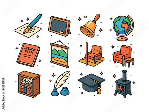 19th-Century Classroom Icons. 19th-century education. Colorful i
