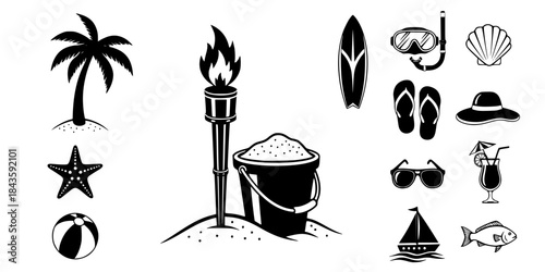 Tropical beach vacation and adventure icons 