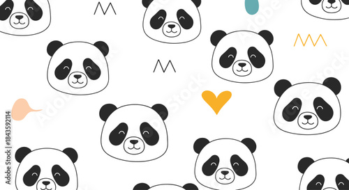 Pattern of panda faces scattered across a white background with hearts and geometric marks for cute decorative use in fabrics wallpapers borders and crafts.