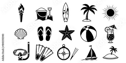 Tropical beach vacation and adventure icons 