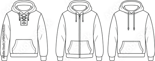 Three Oversized Pullover Hoodie Technical Sketch Set with Dropped Shoulders and Kangaroo Pocket Fashion CAD Drawing, Vector