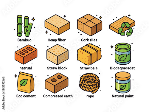 Eco Construction Icons. Eco construction materials. Colorful iso