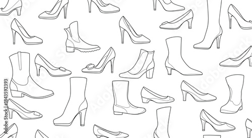 Pattern of women's footwear outlines featuring boots and high heels in a monochrome line art style arranged as a repeating collage.