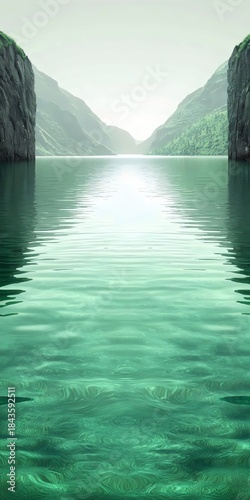 A serene view of tranquil green waters between towering rocky cliffs, reflecting the soft light of a hazy sky, evoking a sense of peaceful solitude and natural beauty.