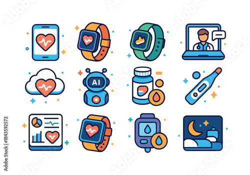 Digital Health Icons. Digital health. Colorful isometric vector