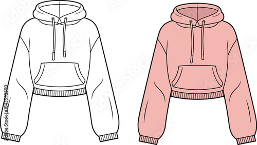 Cad drawing flat vector, cropped hoodie template, fashion sketch, kangaroo pocket, ribbed hem, drawstring hood, seam detail, pink