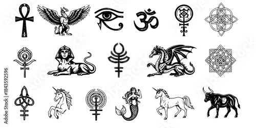 Set of ancient symbols and mythological creatures