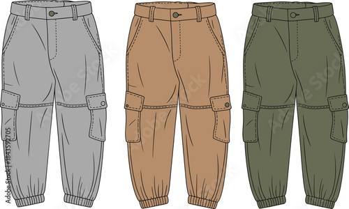 Cad drawing flat vector of cargo pants, technical fashion illustration, elastic cuff trousers, flap pocket design, isolated garment template