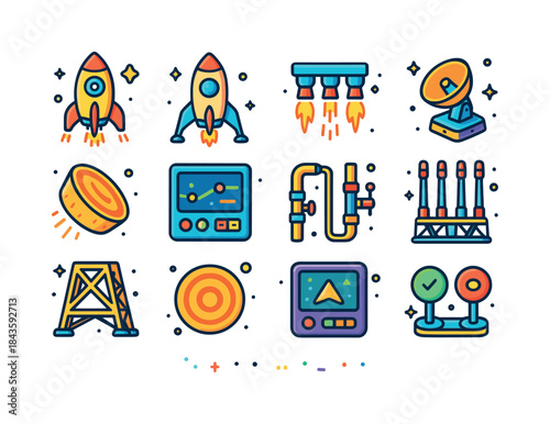 Space Landing Icons. Space landing technology. Colorful isometri