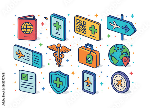 Isometric Travel Health Icons. Travel health documents. Colorful