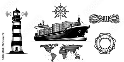 Nautical Icons Lifebuoy Lighthouse Ship Wheel World Map Cargo Ship