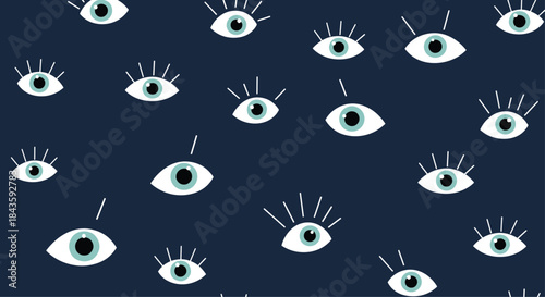 Pattern of stylized turquoise eyes scattered across a dark navy background forming a whimsical optical motif suitable for textile design.