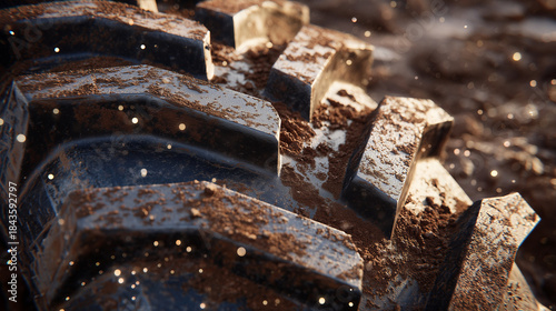 Ultra-detailed macro view of rugged tire tread geometry, bold angular lugs protruding outward, fine dust particles trapped in patterned channels, warm sunlight grazing across the r