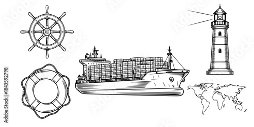 Nautical Icons Lifebuoy Lighthouse Ship Wheel World Map Cargo Ship