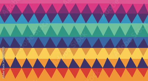 Vibrant horizontal bands of colorful triangles create a rhythmic geometric pattern across the image from pink and purple to teal and orange with a playful visual texture.