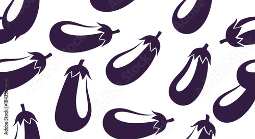 Pattern of purple eggplants scattered across a white background forming a bold and playful decorative motif suitable for textiles and art.