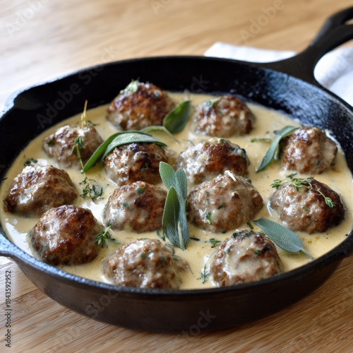 Creamy swedish meatballs with fresh herbs in cast iron skillet