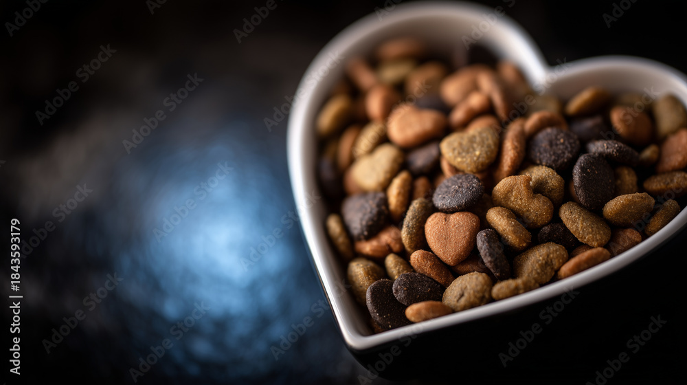 Fototapeta premium Artistic composition of a heart-shaped bowl packed with bright kibble, deep black background creating intense contrast, soft spotlight highlighting the center and creating a gentle
