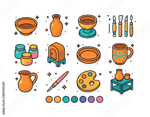 Colorful Pottery Icons. Handmade pottery. Colorful isometric vec