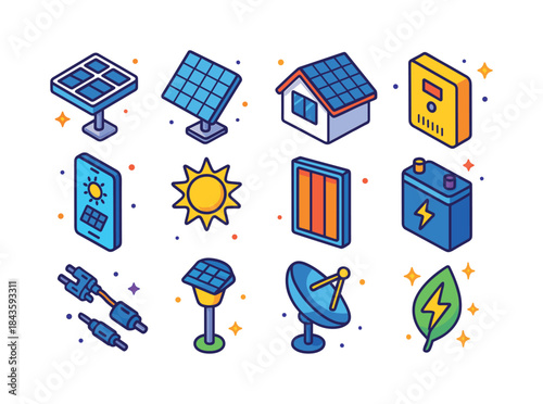 Vibrant Solar Icons. Solar technology. Colorful isometric vector