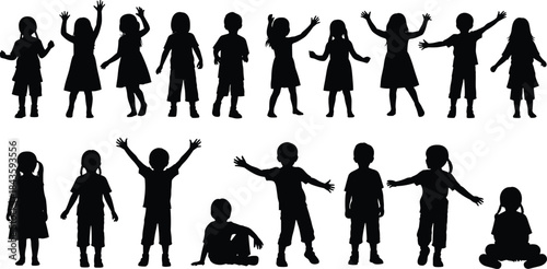 Children silhouettes, diverse poses, standing and sitting, vector clipart, black and white, childhood gesture, casual clothing, playful, expressive, group
