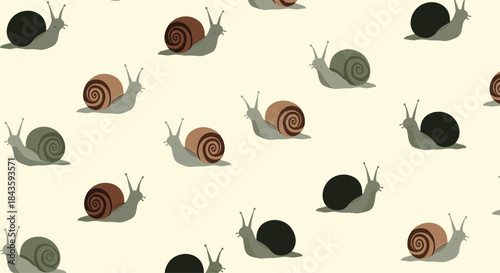 Seamless pattern of small snails with colorful spiral shells slowly crawling across pale yellow background featuring varied shells and subtle shadows for depth.
