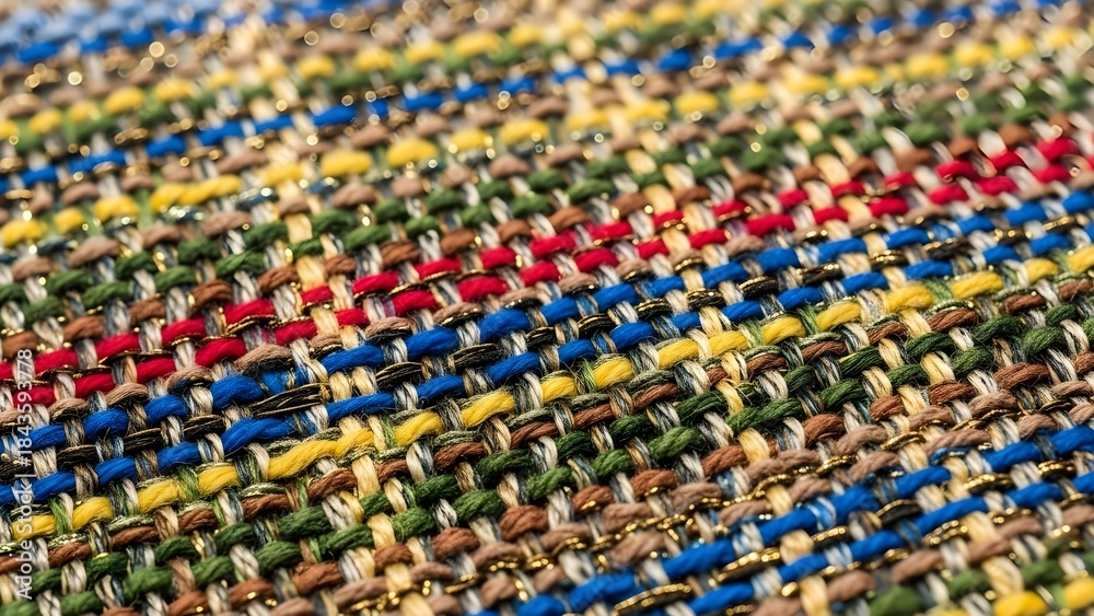 Fototapeta premium Extreme Close-Up of Colorful Tweed Fabric Weave Showing Intersecting Threads | Luxury Textile Detail | National Tweed Day
