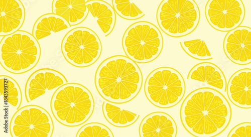 Bright yellow lemon slices pattern fills the surface with sunny circular shapes and citrus vibes creating a cheerful and refreshing decorative background.