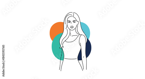 Stylish woman illustrated in a clean line drawing with long hair wearing a sleeveless top and vibrant circles in the background.