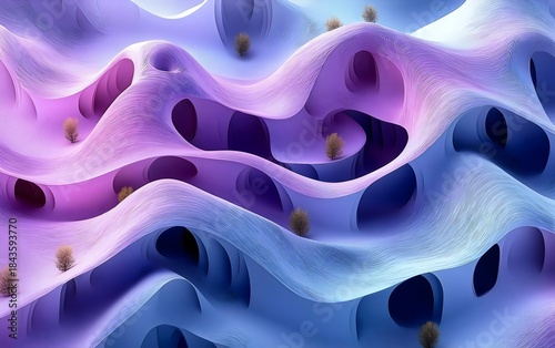 A stunning abstract landscape featuring swirling waves of soft pinks, purples, and blues, accented by tiny trees, creating a dreamlike and serene atmosphere.
