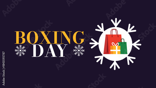 Boxing Day shopping graphic with gift bags inside a snowflake design perfect for seasonal retail advertisement.