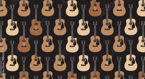 Seamless pattern of acoustic guitars in warm browns on a dark background repeating across a decorative canvas suitable for fabric wallpaper or textile design.