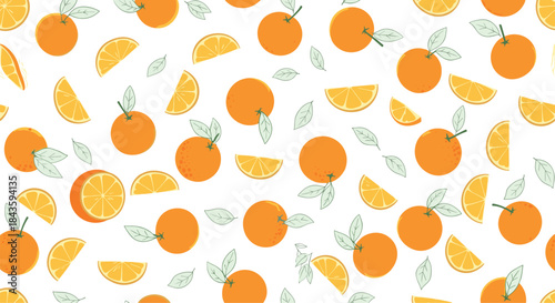 Bright citrus pattern with whole oranges orange slices and pale green leaves scattered across a clean white background creates a sunny fresh and playful mood.