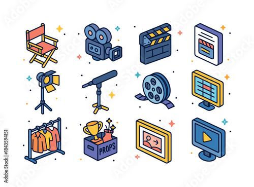 Film Production Icons. Film production. Colorful isometric vecto