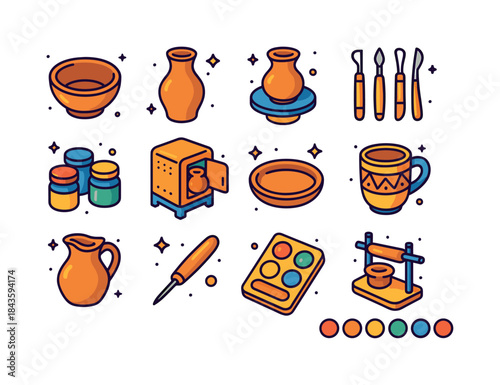 Colorful Pottery Icons. Handmade pottery. Colorful isometric vec