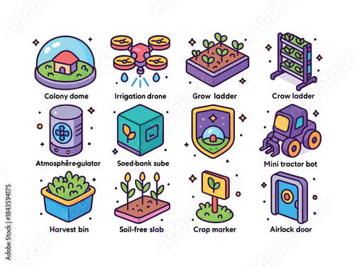 Space Farming Icons. Space colony farming. Colorful isometric ve