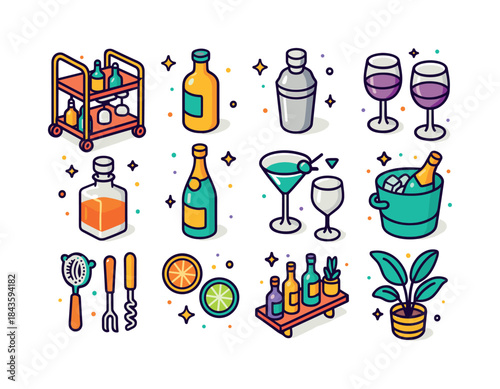 Stylish Bar Cart Icons. Stylish Bar Cart. Colorful isometric vec