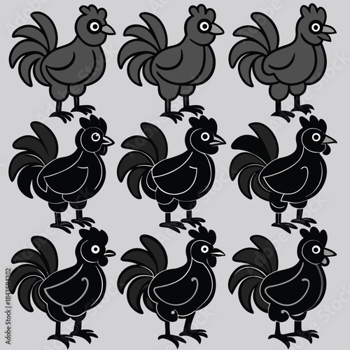 Nine black and white rooster silhouettes arranged in a 3x3 grid with varying shading and outlines