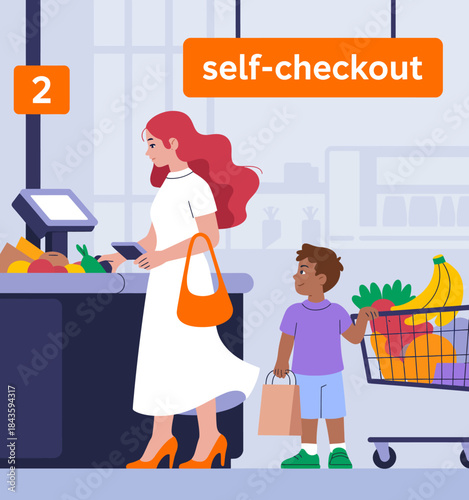 This image shows a woman and her child standing at a self-checkout kiosk in a grocery store, illustrating convenience while shopping and the joy of shared experiences in daily life.