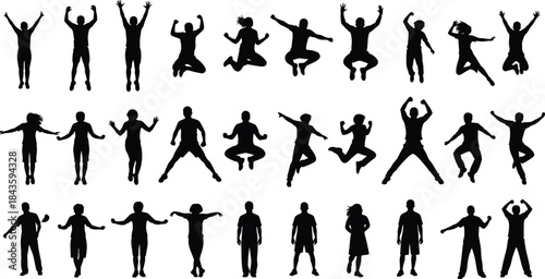 Human silhouettes, dynamic poses, expressive movement, vector clipart, black and white, jumping, dancing, flexing, standing, motion study