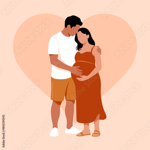 This touching image showcases an expectant couple embracing, expressing their anticipation and love while surrounded by a heart-shaped background.