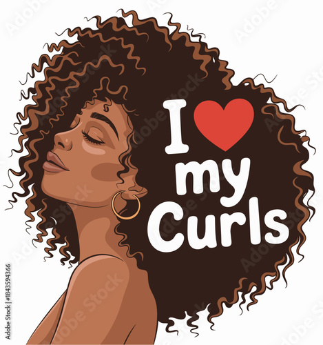 This vibrant illustration captures a woman proudly showcasing her curly hair, embracing natural beauty and confidence, complemented by a bold and stylized typography about loving curls.