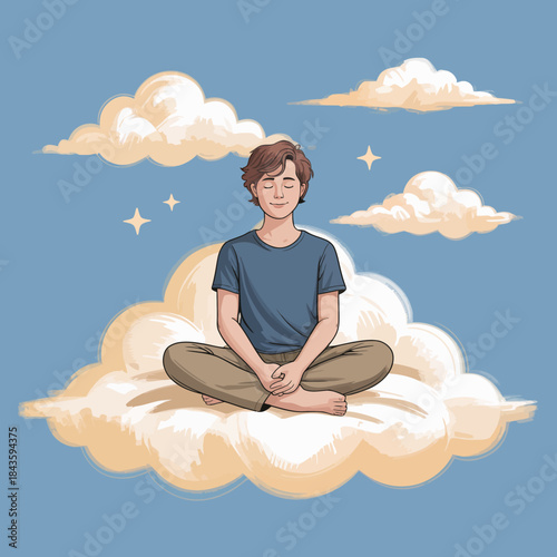 This image depicts a serene young person in a meditative pose sitting on a fluffy cloud surrounded by a dreamy blue sky, symbolizing peace, calmness, and introspection.
