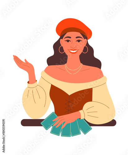 An elegant woman in traditional attire displays tarot cards, embodying mystique, artistry, and personal connection, inviting viewers into a world of intuition and insight.