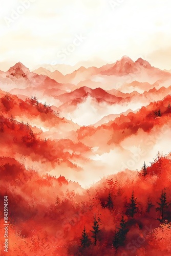A stunning landscape depicting a misty mountain range immersed in vivid autumn hues of red and orange, creating a tranquil and serene atmosphere.