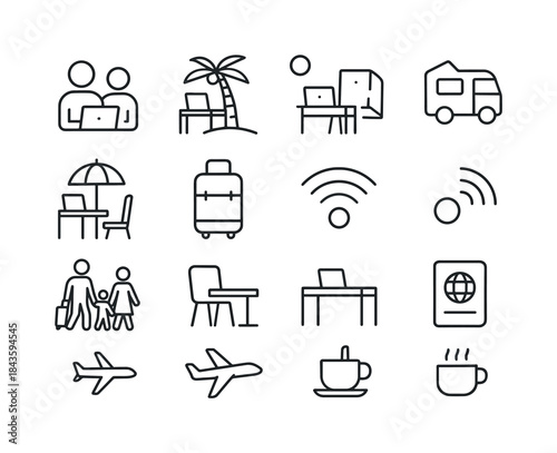 Digital Nomad Icons. Digital Nomad Family. Line icon set of Digi