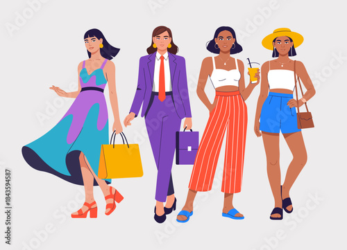 A group of fashionable women showcasing diverse styles, reflecting contemporary fashion trends perfect for various occasions, from casual to formal settings.