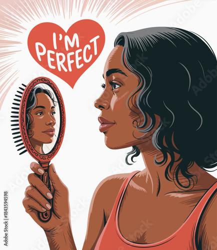 A lovely woman's reflection in a handheld mirror conveys a strong message of self-love and self-acceptance through her confident expression and perfect demeanor.