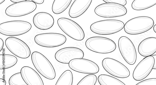 Seamless pattern of sketch style oval pills scattered across a clean white background illustrating medicine capsules for pharmaceutical imagery concept.