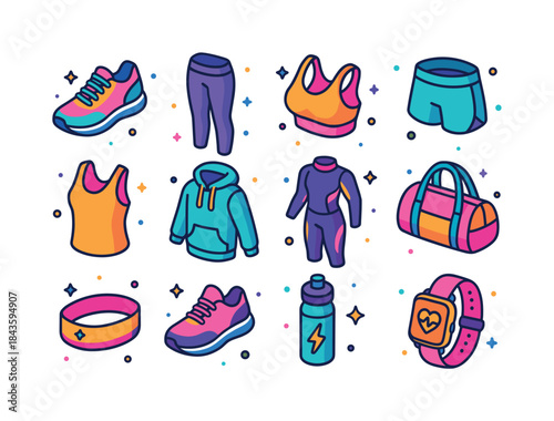 Colorful Sportswear Icons. Sports apparel and activewear trends.